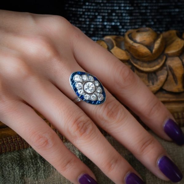 Art Deco Sapphire and Old Cut Diamond Cluster Plaque Ring