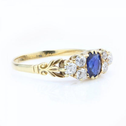 Antique Victorian 0.50ct Natural Sapphire and Old Cut Diamond Ring 18ct Yellow Gold