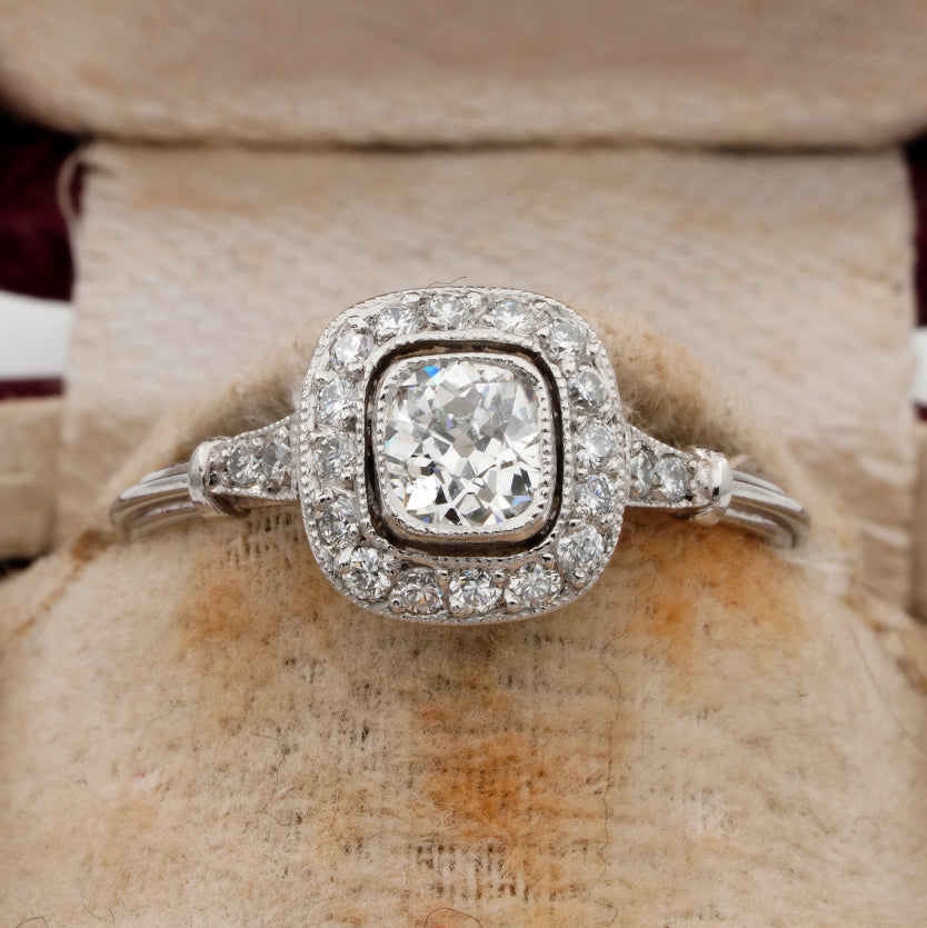 0.60ct Cushion Shaped Old Mine Cut Diamond Cluster Engagement Ring in Platinum, 1.00 carat total