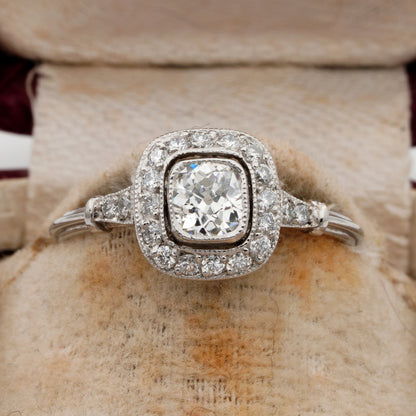 0.60ct Cushion Shaped Old Mine Cut Diamond Cluster Engagement Ring in Platinum, 1.00 carat total