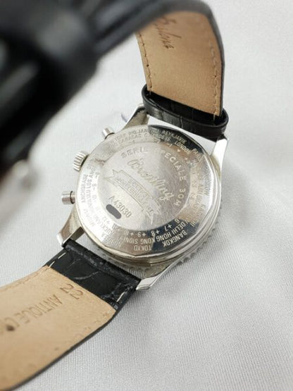 Breitling Montbrillant Eclipse 41mm Automatic Chronograph Watch, steel case with white dial, chronograph function, moon-phase sub-dial, on a black leather strap, Circa early 2000s, with papers.