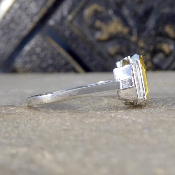 Art Deco Inspired 2.05ct Yellow Sapphire and Baguette Diamond Engagement Ring in Platinum