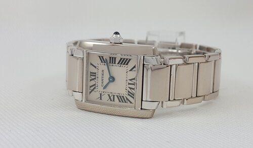 Cartier Tank Française 20mm Ladies 18ct White Gold Quartz Watch, white dial, Roman numerals, sapphire crystal, 18ct bracelet strap, Circa 2000s, with Cartier box
