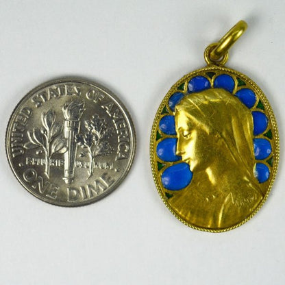 French 18ct Gold and Plique a Jour Blue Enamel Virgin Mary Pendant Signed Dropsy