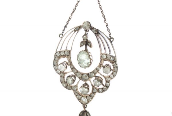 Antique 19thC Diamond Openwork Pendant Necklace, set with 3.83 carats of mixed-cut diamonds, in 15ct yellow gold, Made in England, Circa 1850