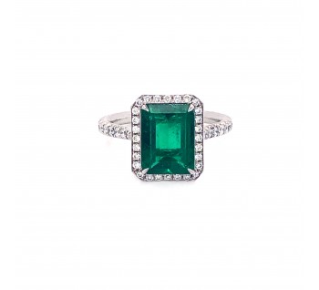 Emerald-Cut 2.03ct Emerald and Diamond Cluster Ring in 18ct White Gold