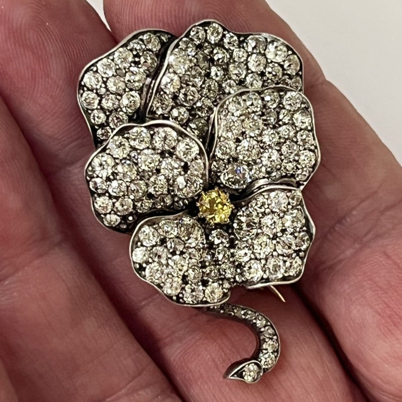 Victorian Antique Yellow and White Old Cut Diamond Pansy Flower Pendant come Brooch
