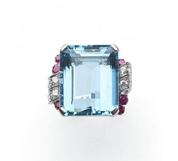 Vintage Tiffany & Co Aquamarine Ruby Diamond Ring, Circa 1950