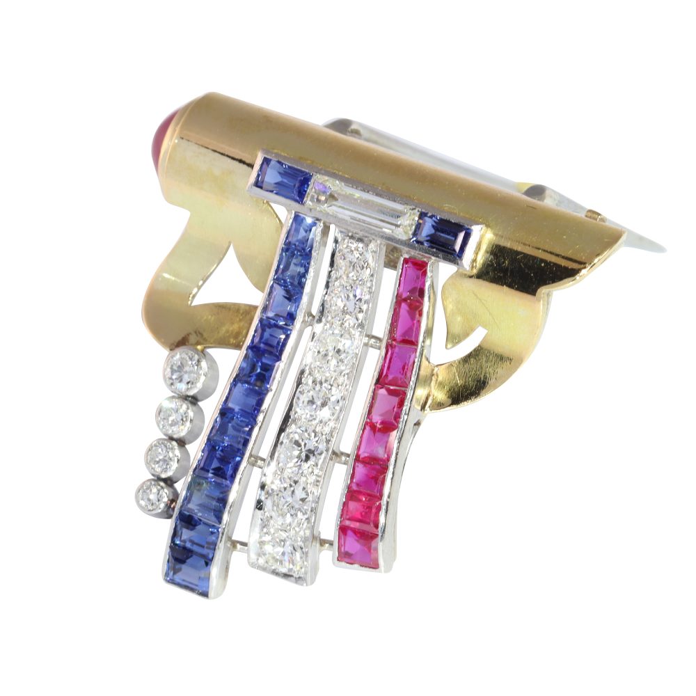 Vintage Patriotic Brooch With Old Cut Diamonds, Rubies And Sapphires In Gold And Platinum