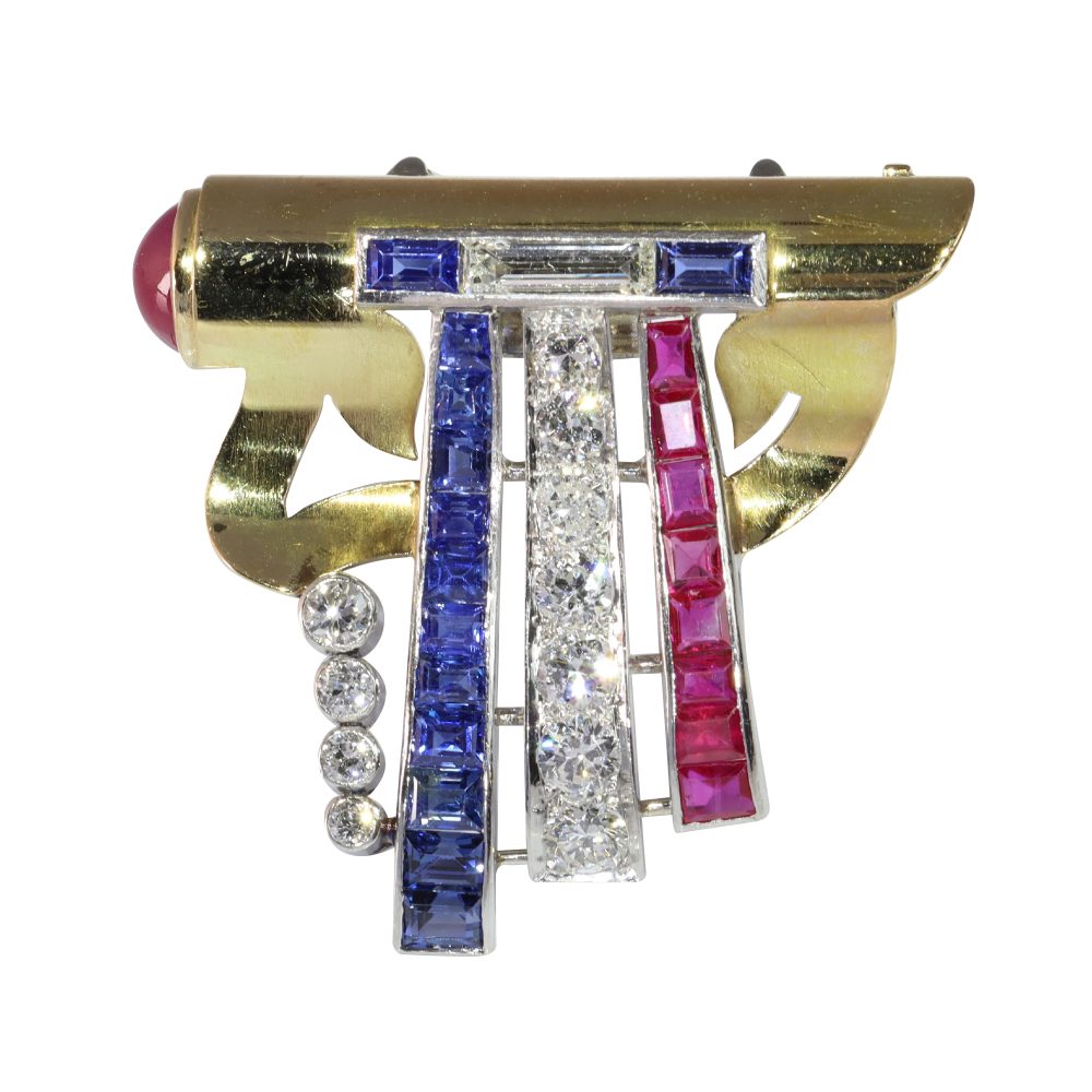 Vintage Patriotic Brooch With Old Cut Diamonds, Rubies And Sapphires In Gold And Platinum