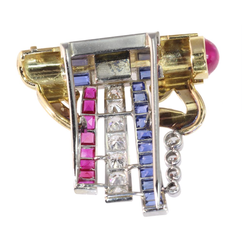 Vintage Patriotic Brooch With Old Cut Diamonds, Rubies And Sapphires In Gold And Platinum