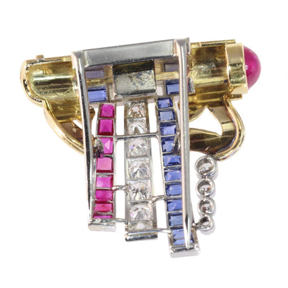 Vintage Patriotic Brooch With Old Cut Diamonds, Rubies And Sapphires In Gold And Platinum