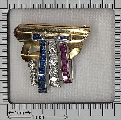 Vintage Patriotic Brooch With Old Cut Diamonds, Rubies And Sapphires In Gold And Platinum