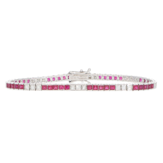 Modern 18ct white gold scissor cut rubies and french cut diamonds line tennis bracelet