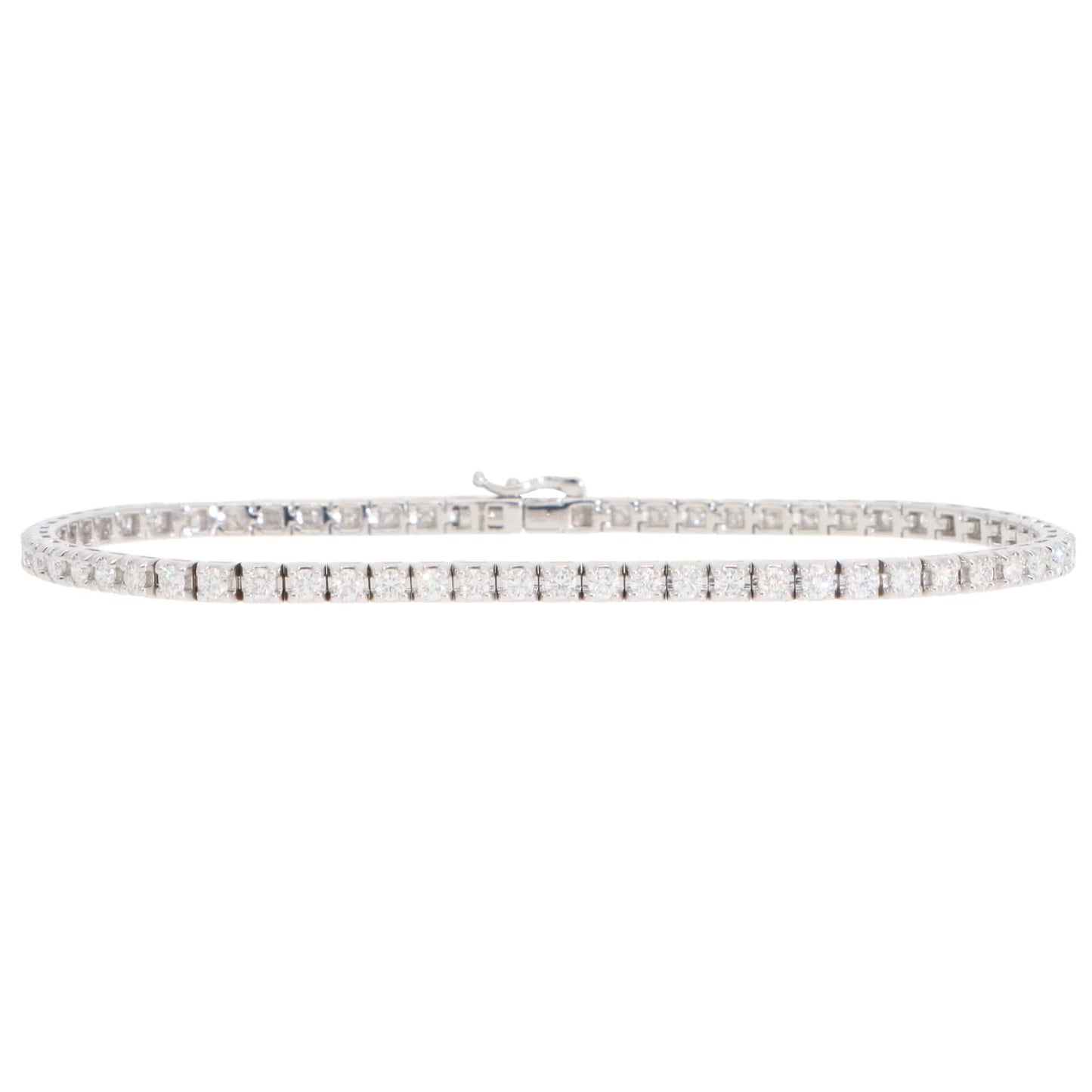 A white gold diamond line bracelet, on a white background