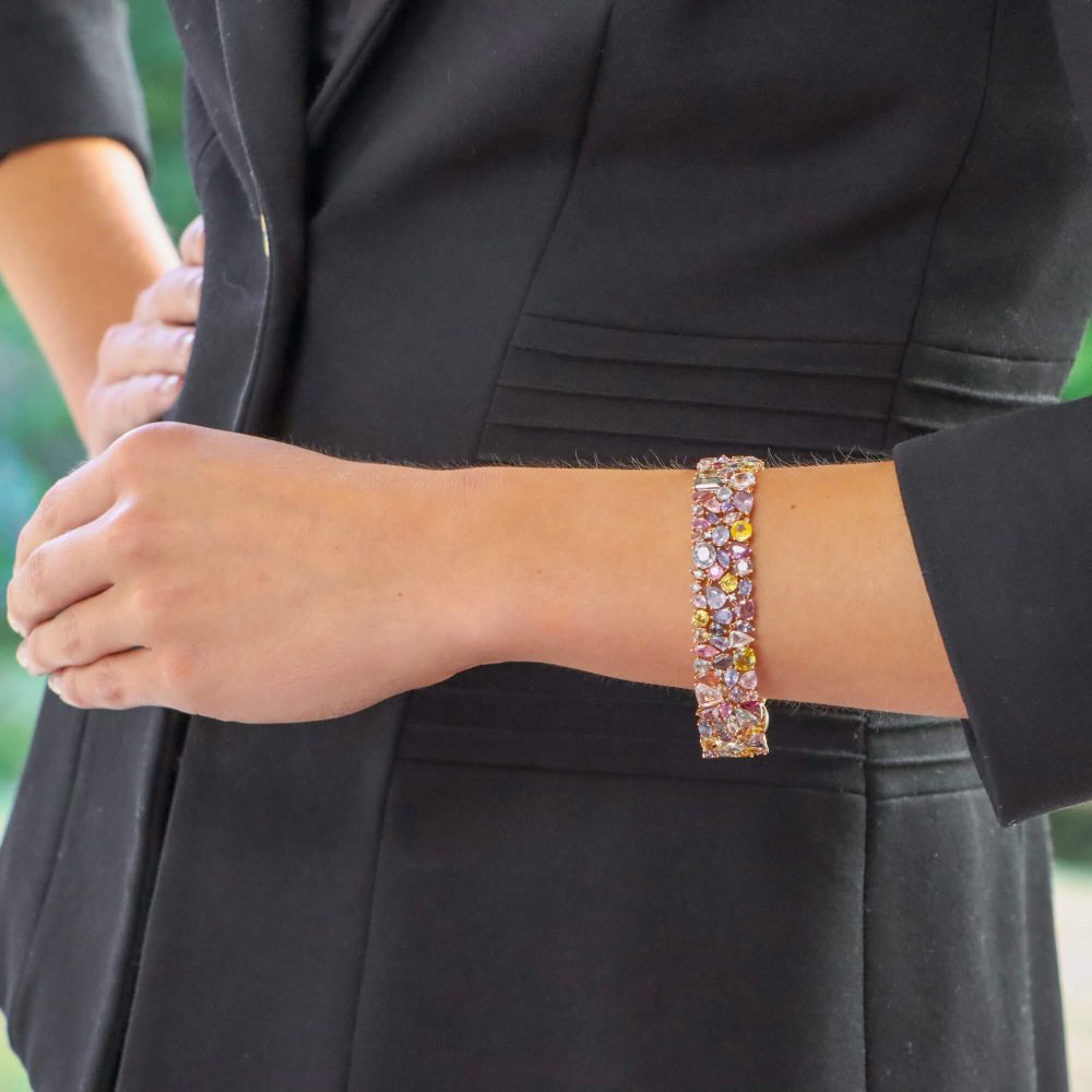 Rainbow Multi Colour Sapphire and Diamond Bracelet in 18ct Rose Gold
