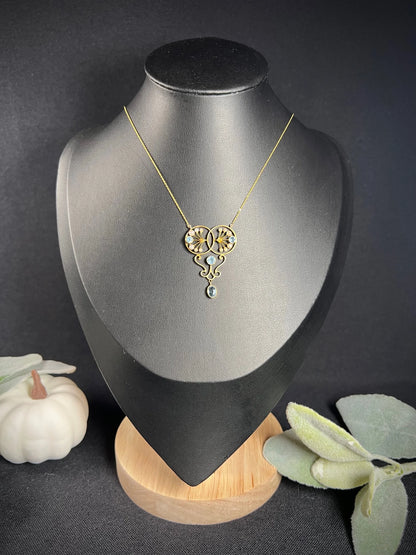 Antique 15 ct Gold Edwardian Aquamarine And Seed Pearl Pendant Necklace