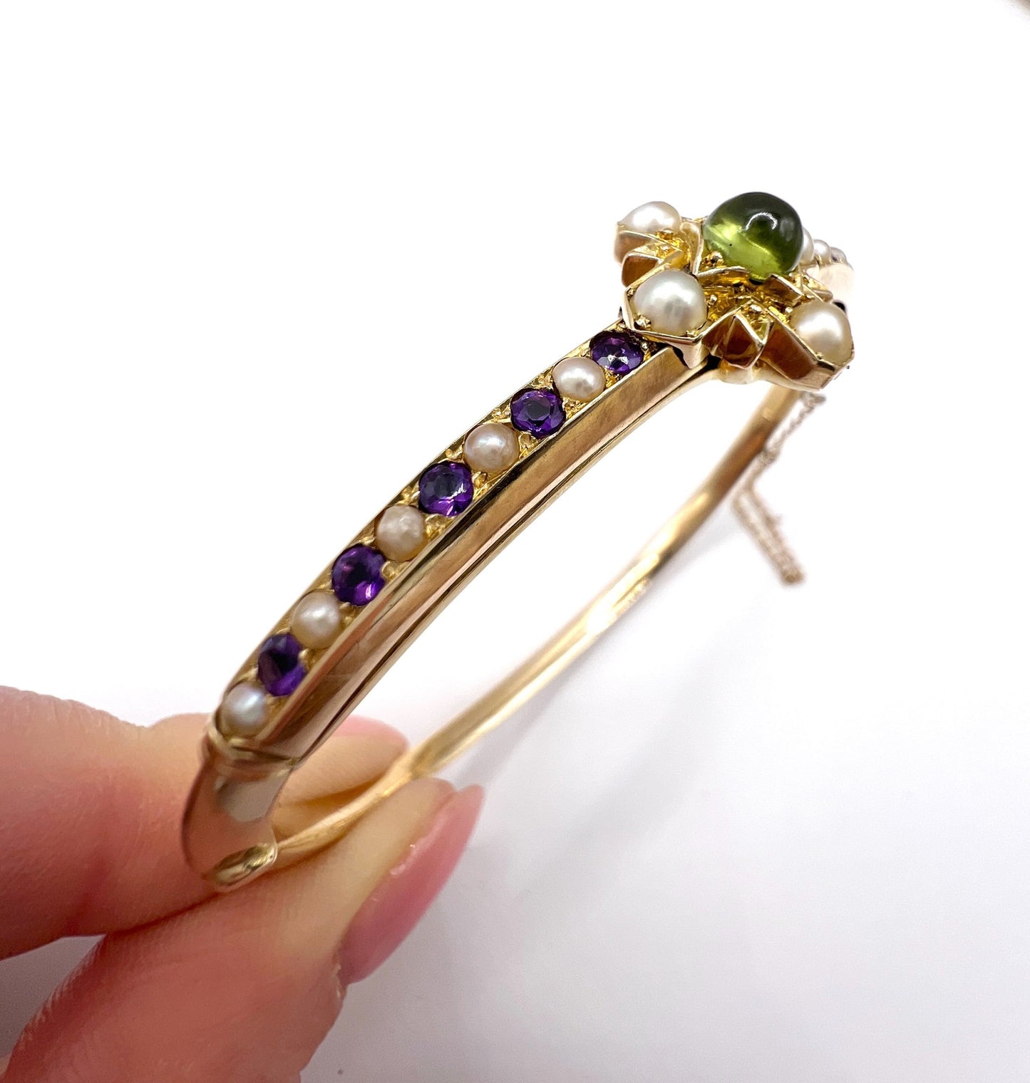 Antique 15 Carat Gold Peridot, Amethyst and Pearl Suffragette Bangle, Circa 1910