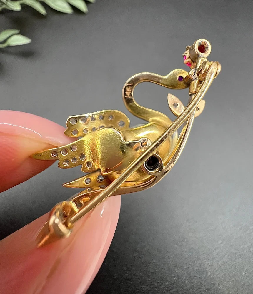 Antique Swan Brooch In 14 Carat Yellow And Rose Gold With Pearl, Rubies And Diamonds