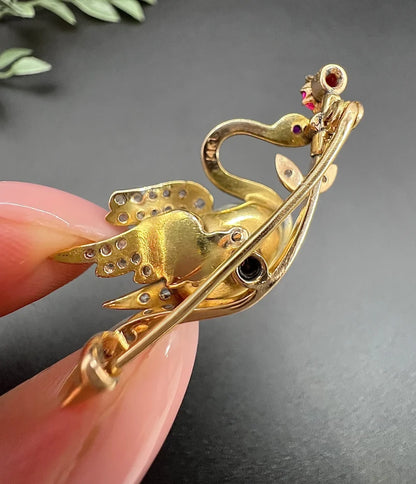 Antique Swan Brooch In 14 Carat Yellow And Rose Gold With Pearl, Rubies And Diamonds