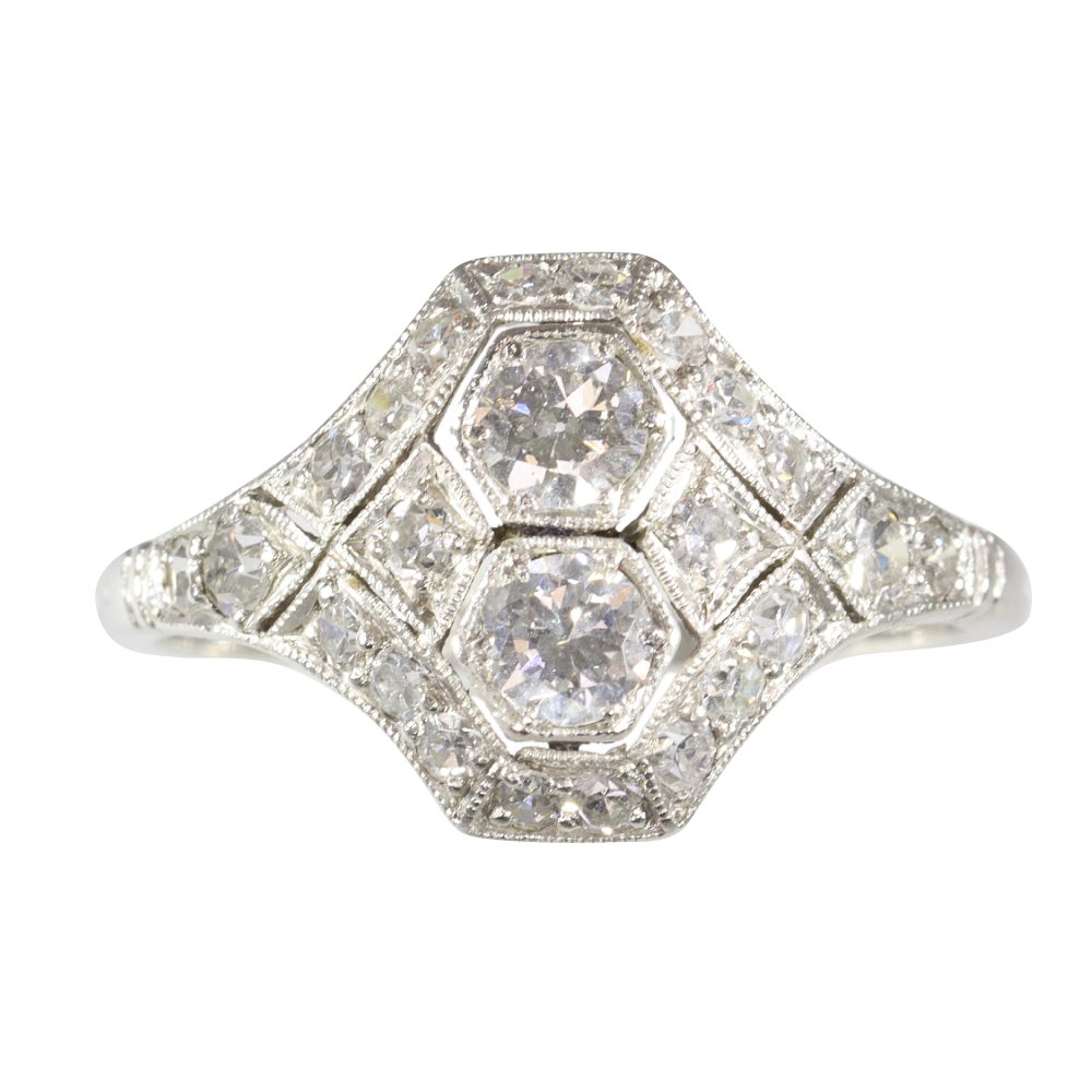 Vintage Art Deco two stone diamond engagement ring plaque platinum