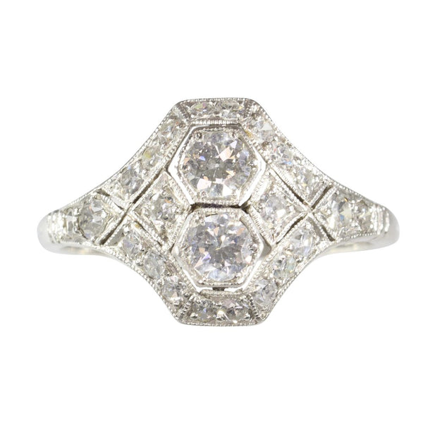 Vintage Art Deco two stone diamond engagement ring plaque platinum