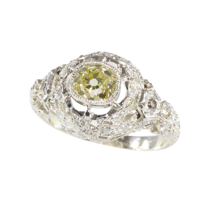 Edwardian Platinum Engagement Ring with 1.32cts Fancy Yellow Old Cut Diamond
