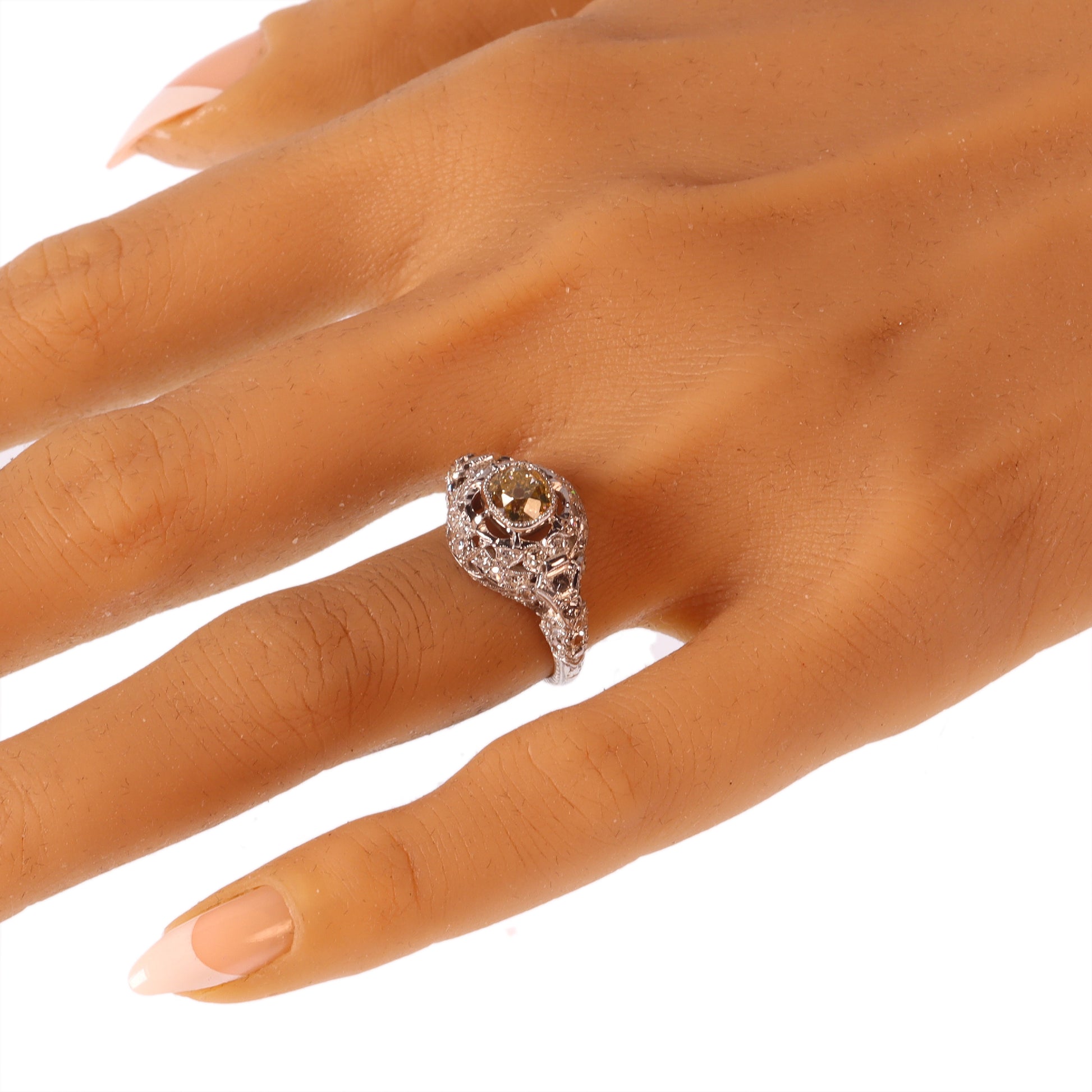Edwardian Platinum Engagement Ring with 1.32cts Fancy Yellow Old Cut Diamond