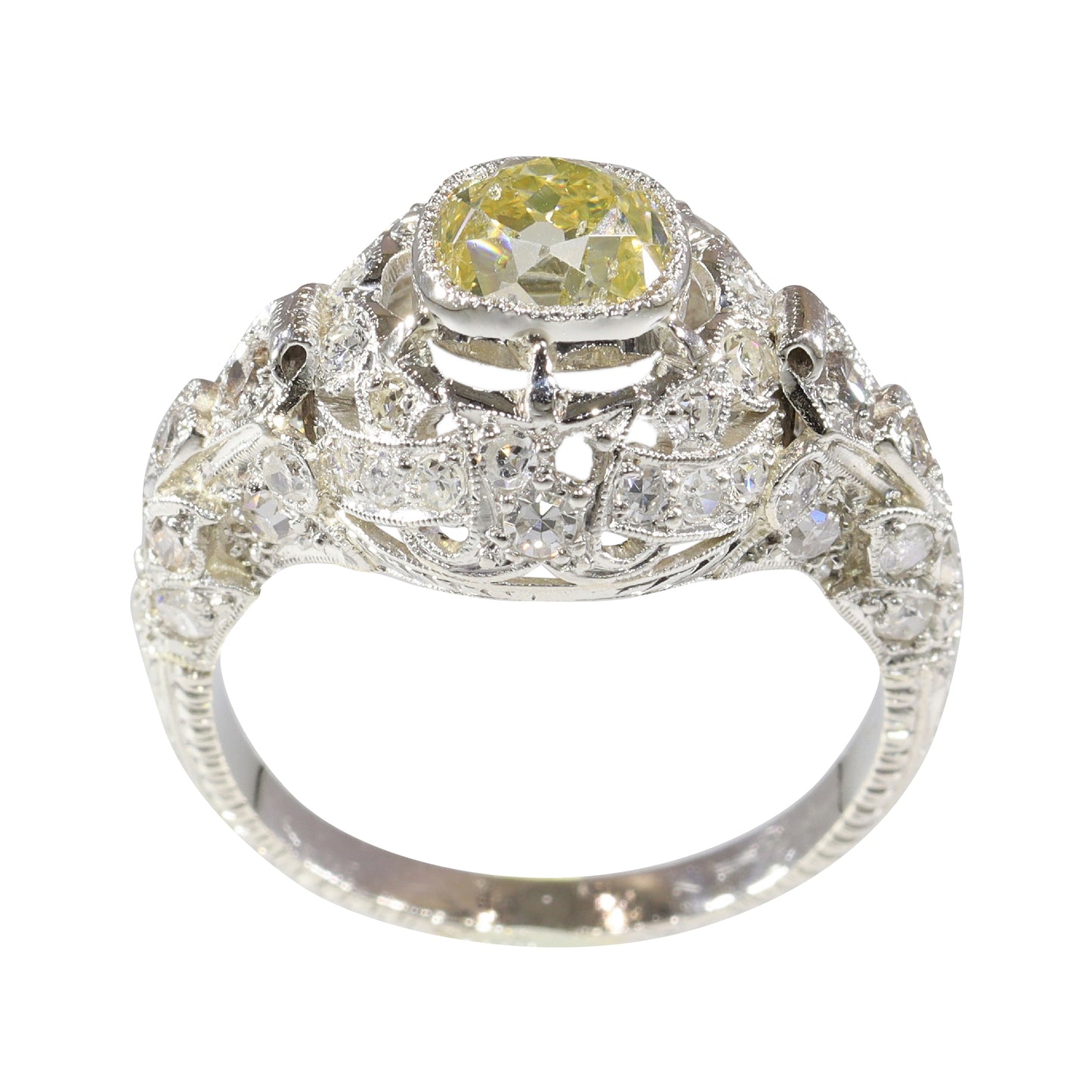 Edwardian Platinum Engagement Ring with 1.32cts Fancy Yellow Old Cut Diamond