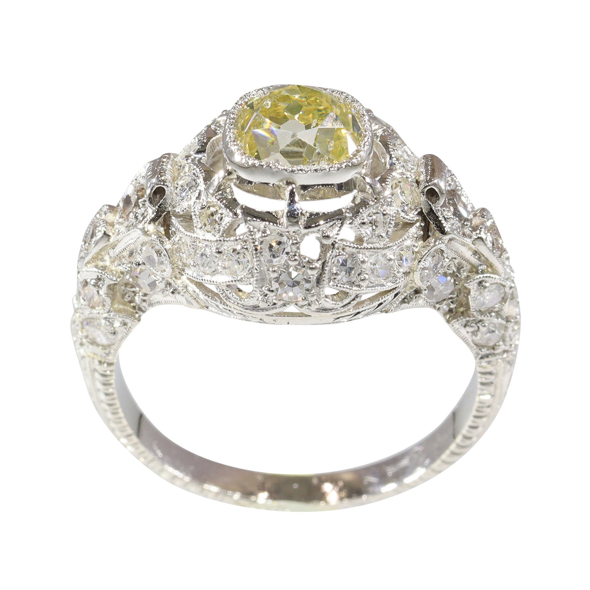 Edwardian Platinum Engagement Ring with 1.32cts Fancy Yellow Old Cut Diamond