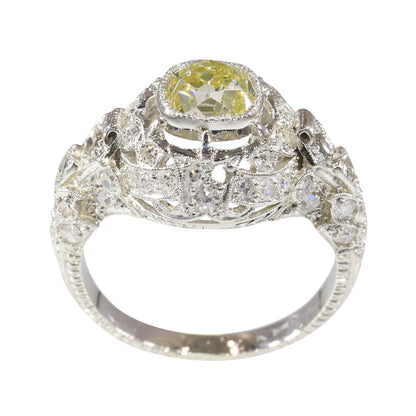 Edwardian Platinum Engagement Ring with 1.32cts Fancy Yellow Old Cut Diamond