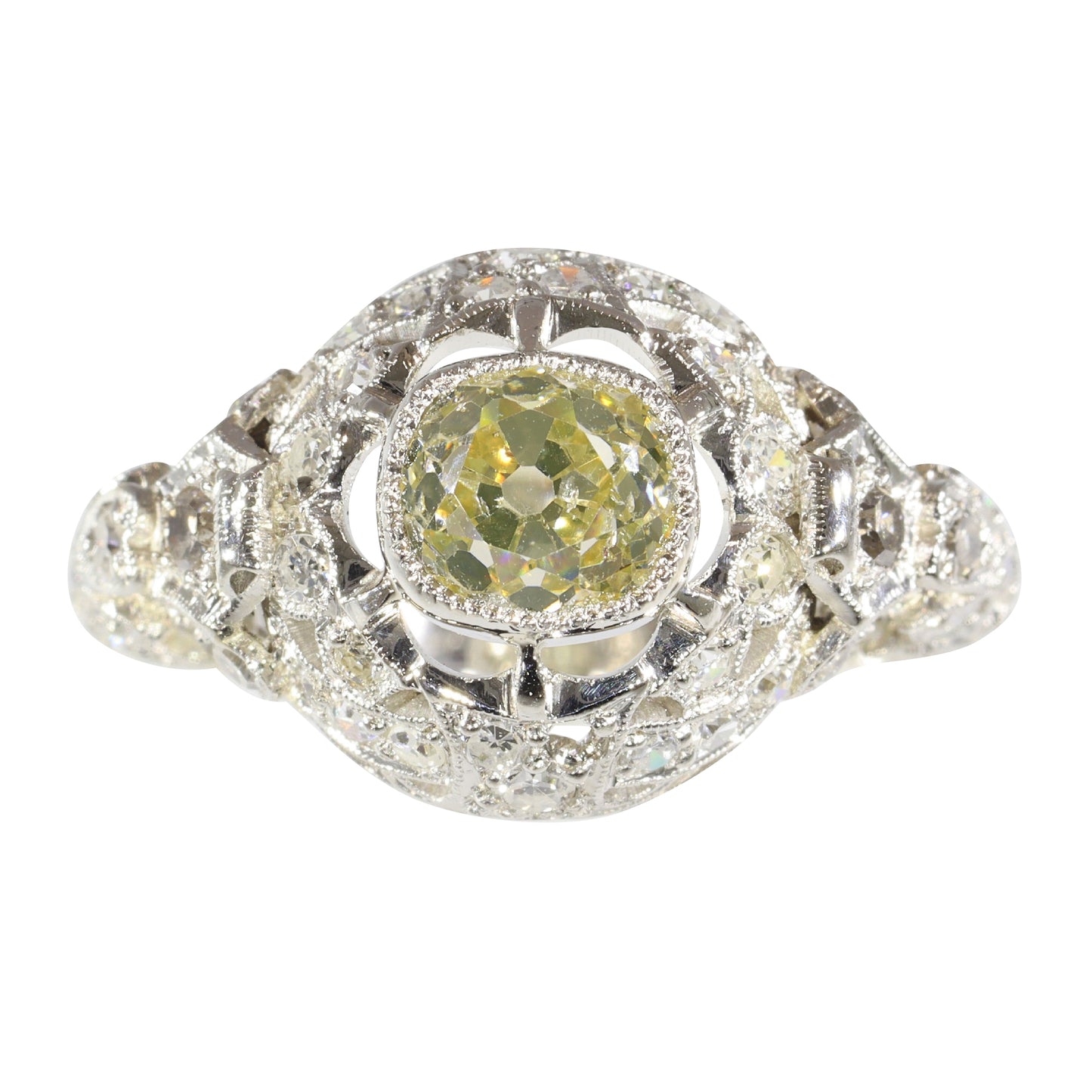 Edwardian Platinum Engagement Ring with 1.32cts Fancy Yellow Old Cut Diamond