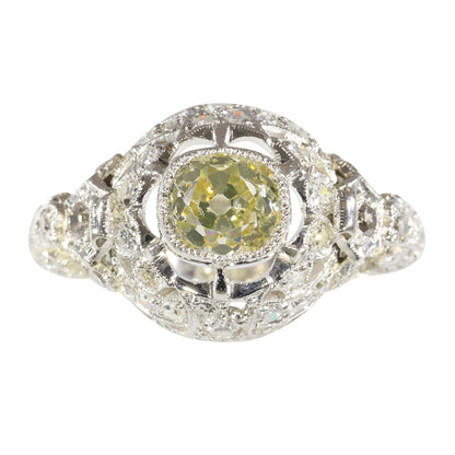 Edwardian Platinum Engagement Ring with 1.32cts Fancy Yellow Old Cut Diamond