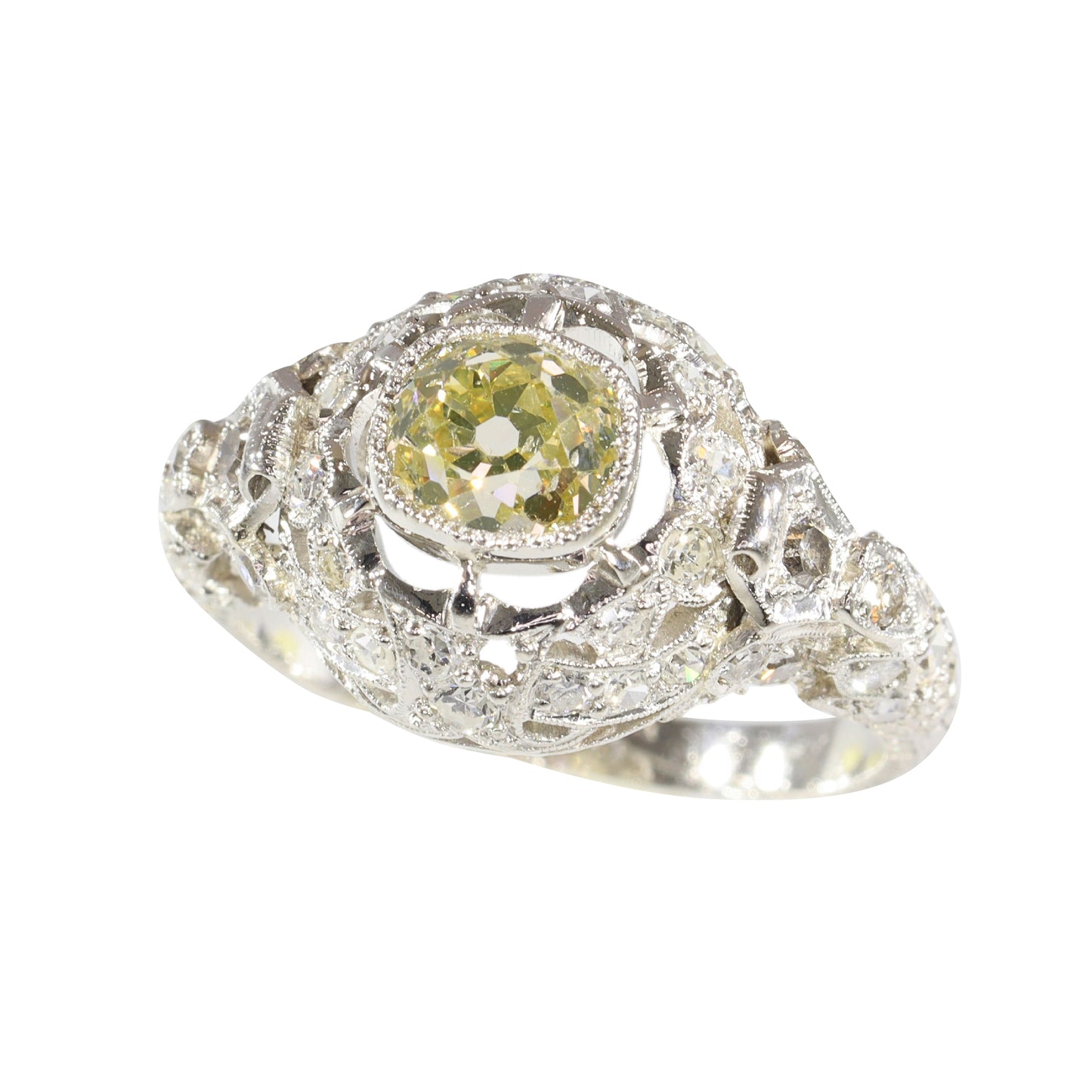 Edwardian Platinum Engagement Ring with 1.32cts Fancy Yellow Old Cut Diamond