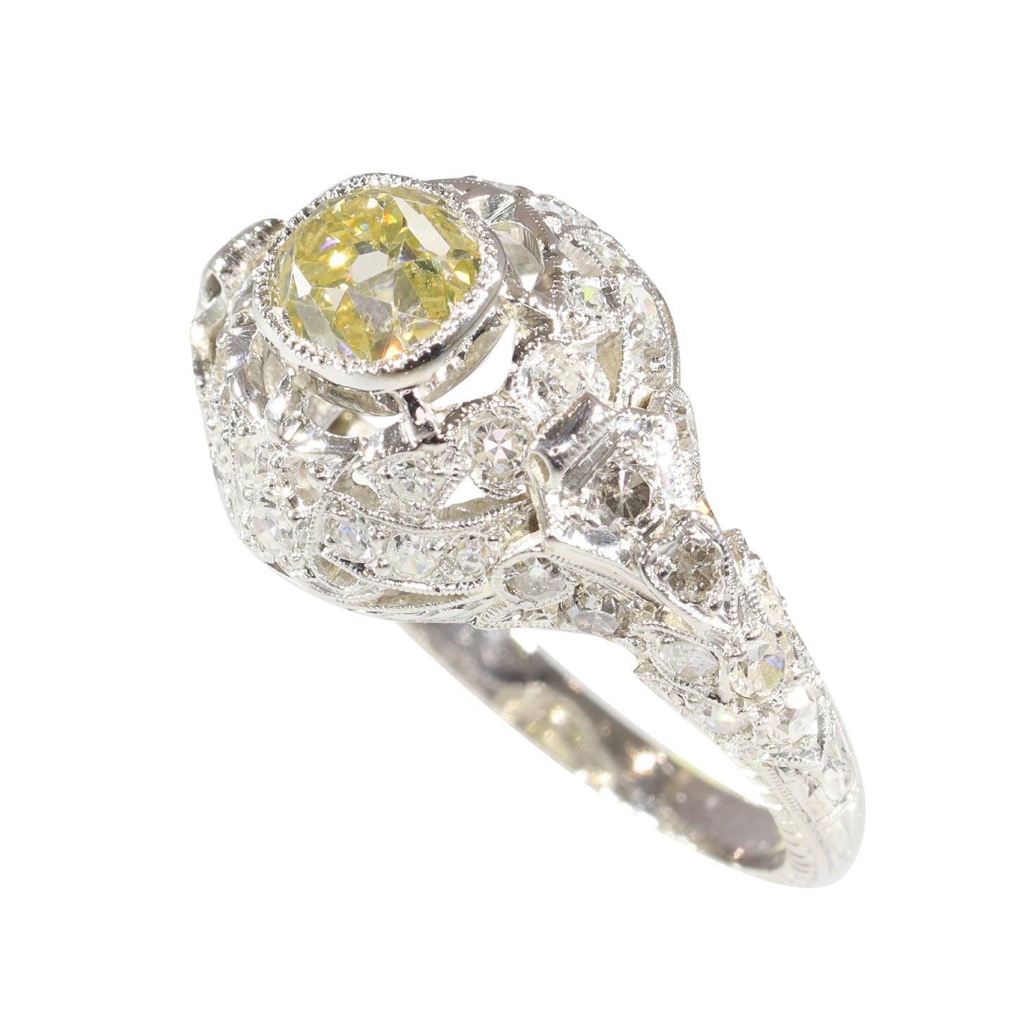 Edwardian Platinum Engagement Ring with 1.32cts Fancy Yellow Old Cut Diamond