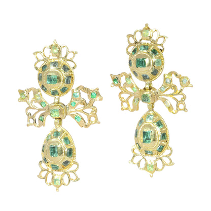 A pair of intricate yellow gold pendant drop earrings set with emeralds