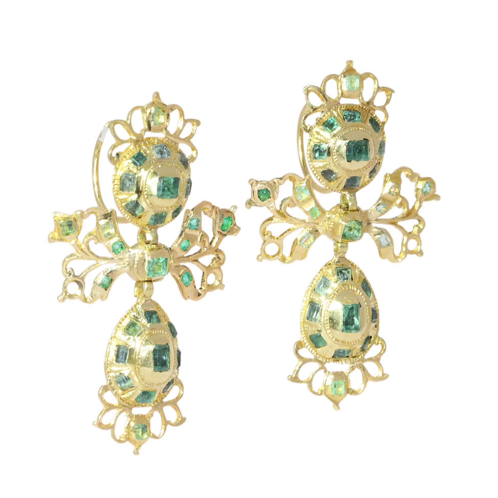 A pair of intricate yellow gold pendant drop earrings set with emeralds