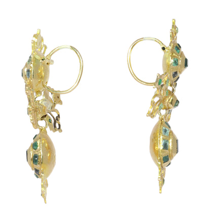 A pair of intricate yellow gold pendant drop earrings set with emeralds