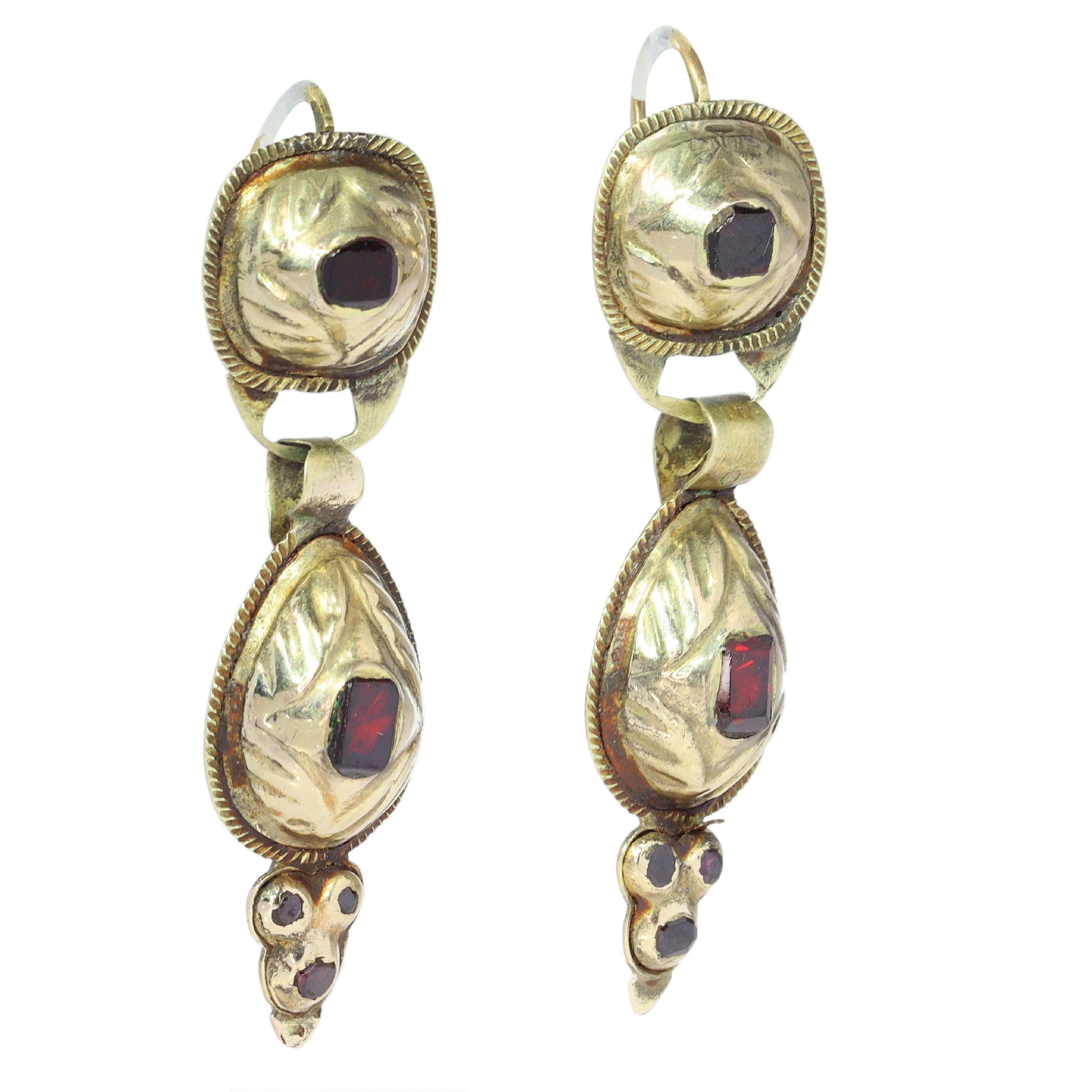 A pair of antique yellow gold double drop earrings with garnets