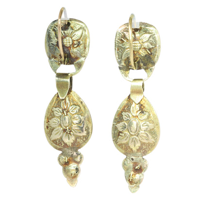 A pair of antique yellow gold double drop earrings with floral backs