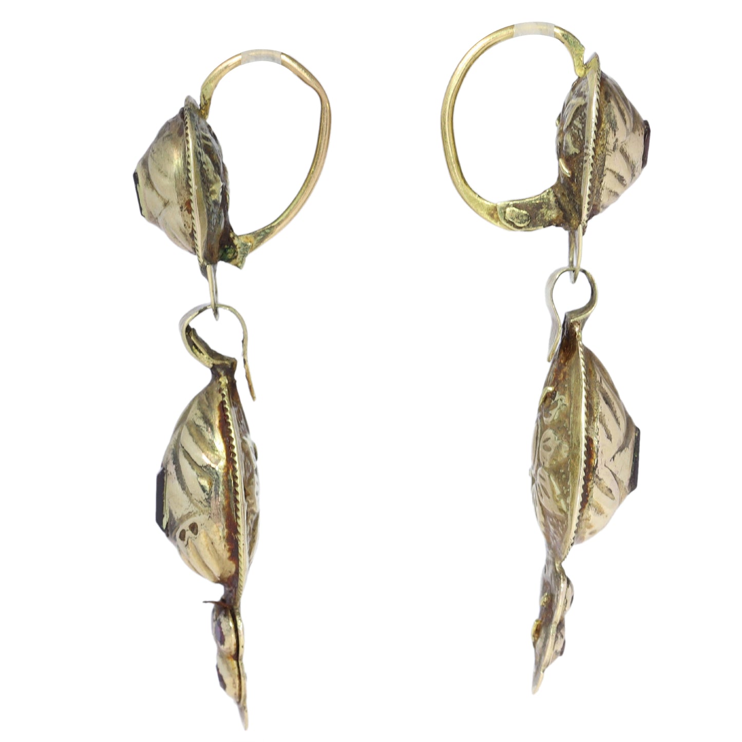 A pair of antique yellow gold double drop earrings with garnets