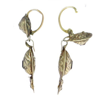 A pair of antique yellow gold double drop earrings with garnets