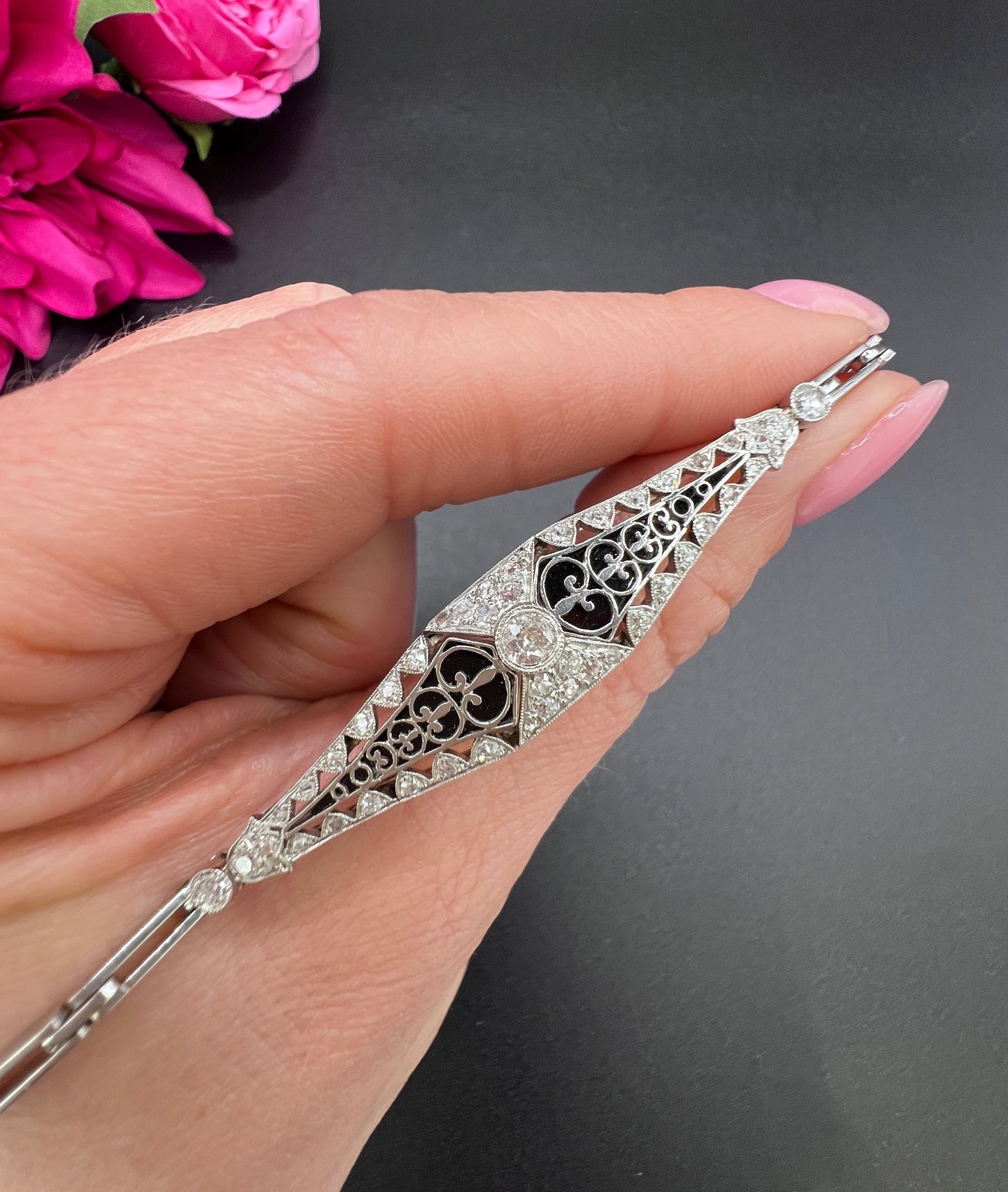 Antique Platinum, Original Art Deco Onyx And Diamond Bracelet
