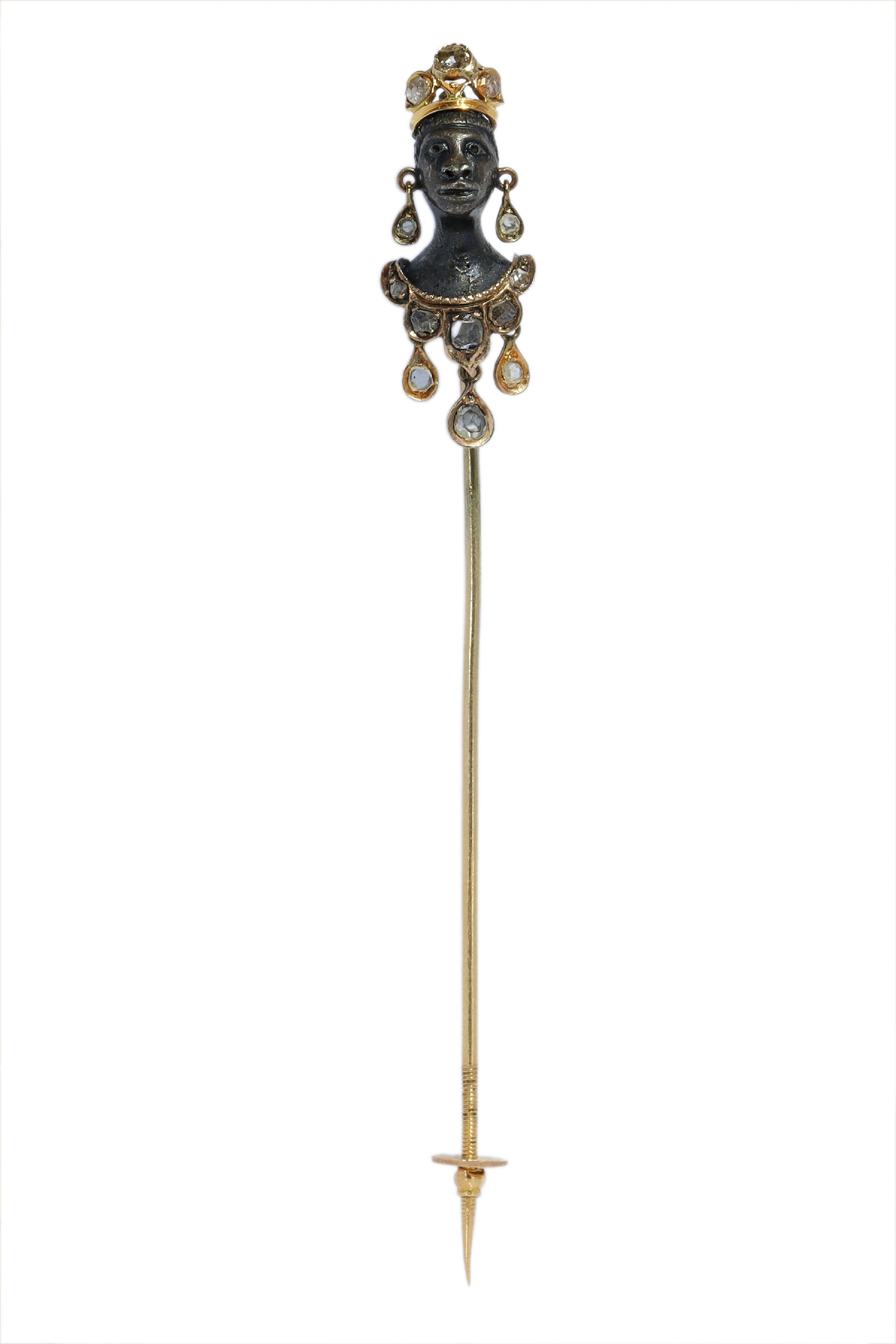 An antique blackamoor head stickpin in gold and silver with rose cut diamond adornments
