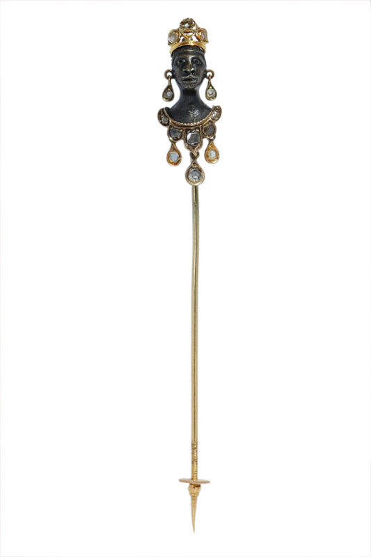 An antique blackamoor head stickpin in gold and silver with rose cut diamond adornments