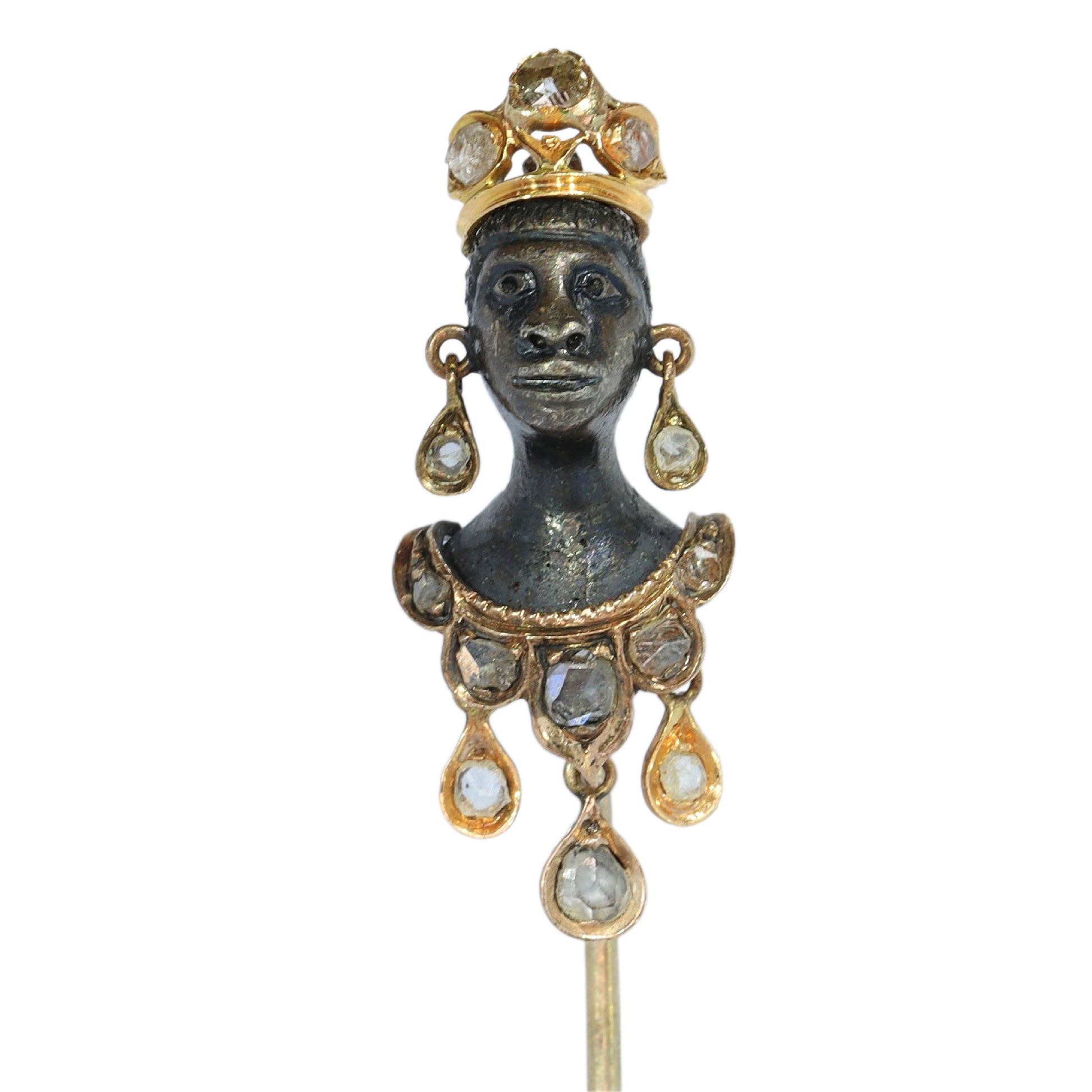 An antique blackamoor head stickpin in gold and silver with rose cut diamond adornments