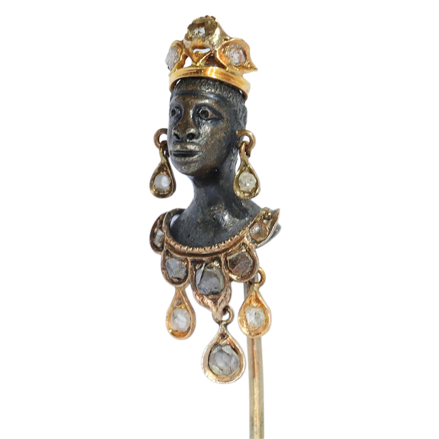 An antique blackamoor head stickpin in gold and silver with rose cut diamond adornments