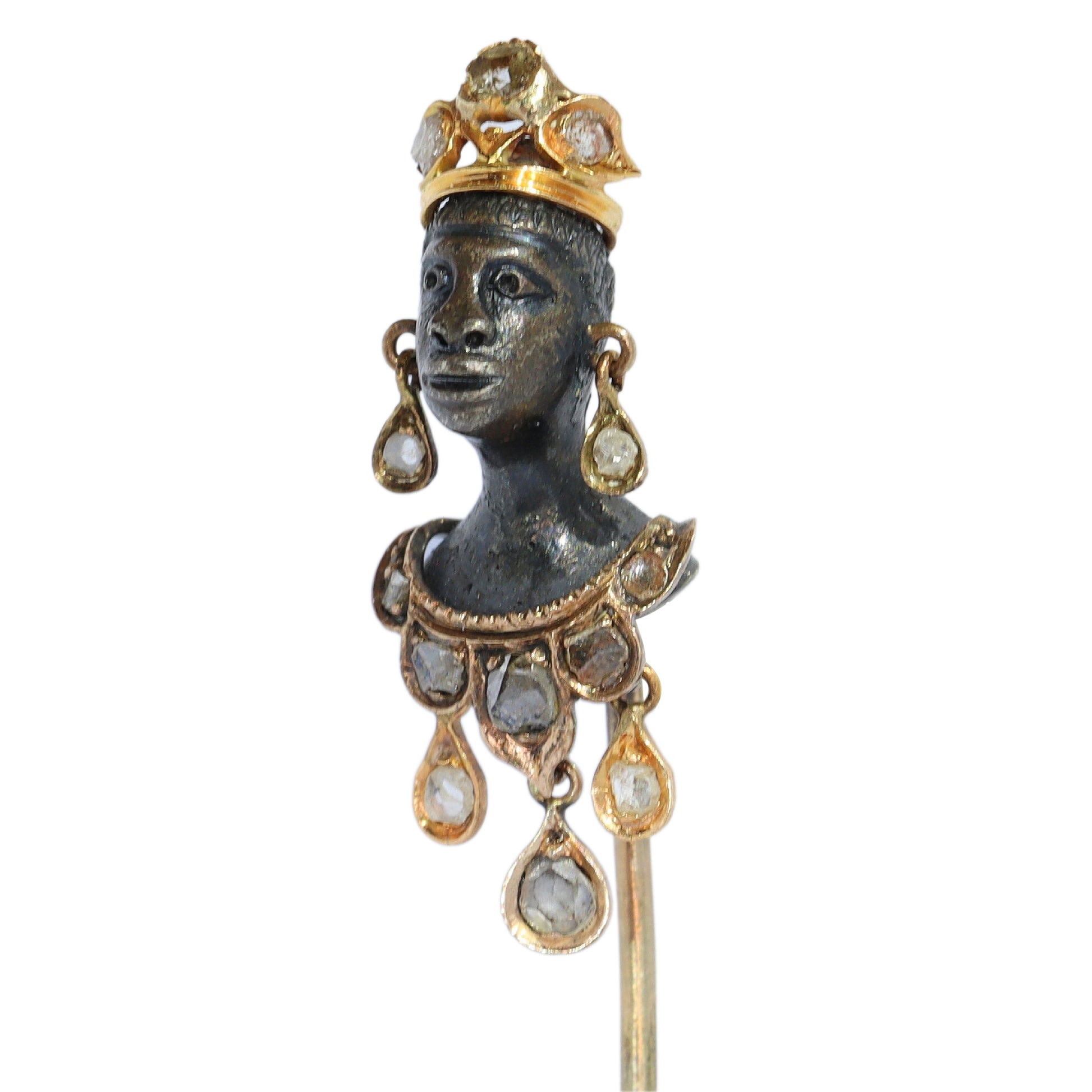 An antique blackamoor head stickpin in gold and silver with rose cut diamond adornments