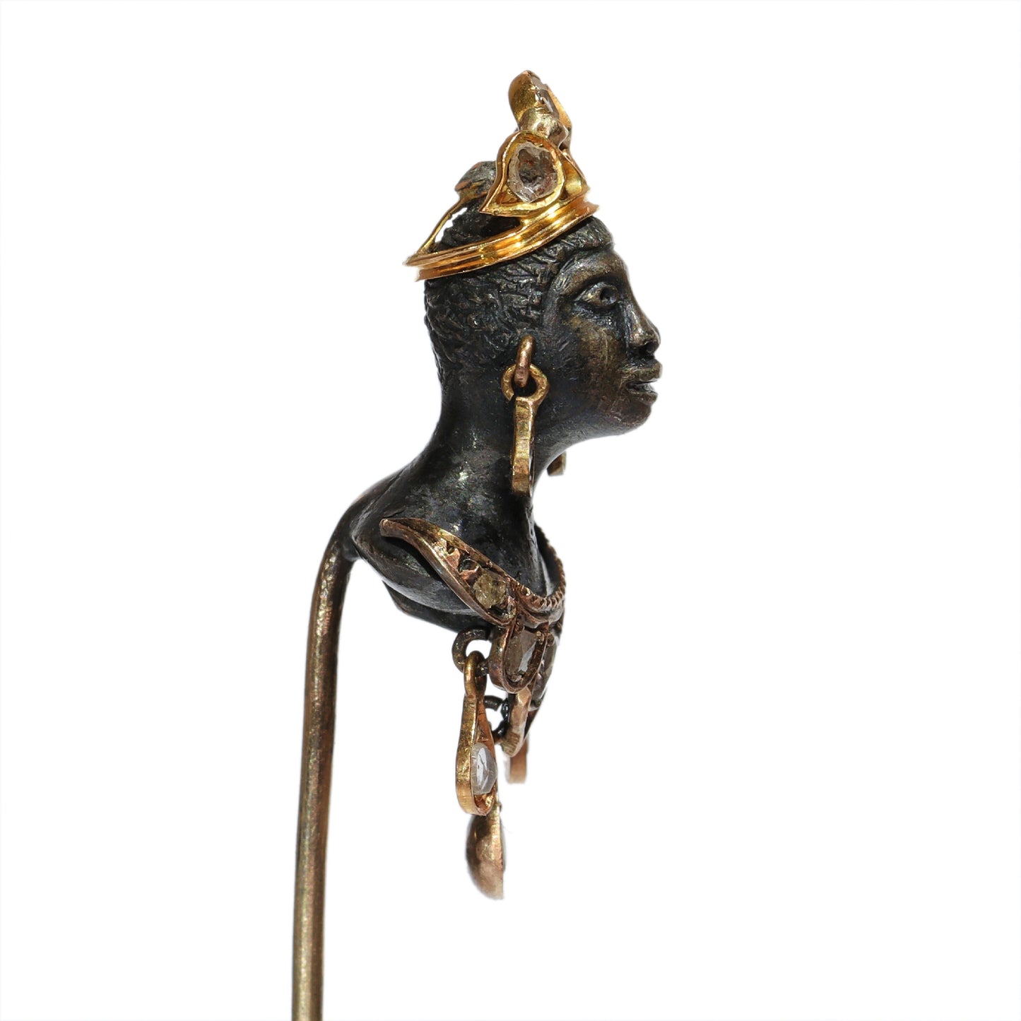 An antique blackamoor head stickpin in gold and silver with rose cut diamond adornments
