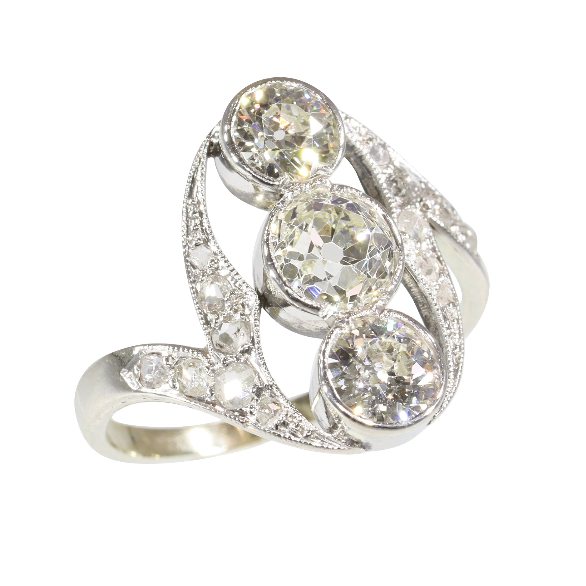 Antique Belle Epoque Diamond Ring, Three Stones and Rose Cut Shoulders